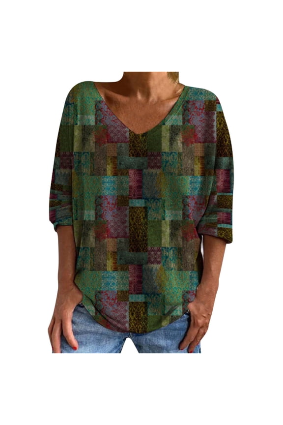 USSUMA Geometric Rhombus Print Womens Blouses and Tops Dressy 3/4 Sleeve Plus Female Tops Casual Western Ethnic Style Vintage T-Shirts Shirt for Women Trendy V Neck Tunic Plus Size