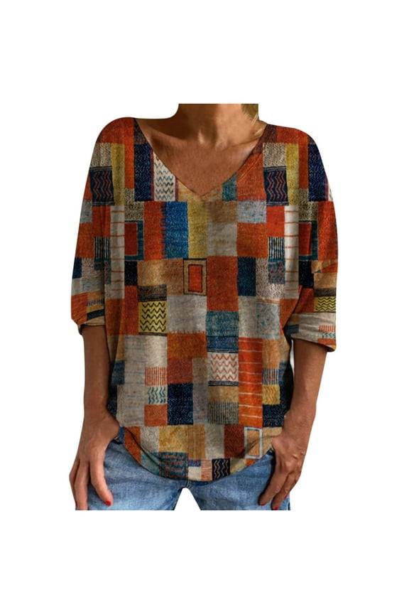 USSUMA Geometric Rhombus Print Womens Blouses and Tops Dressy 3/4 Sleeve Plus Female Tops Casual Western Ethnic Style Vintage T-Shirts Shirt for Women Trendy V Neck Tunic Plus Size