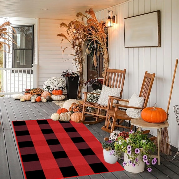 USSUMA Gifts Christmas Fall Outdoor Rug Orange Plaid Outdoor Rug Hand-Woven Check Rug Layered Doormats for Front Door/Front Porch/Farmhouses/Entryway/Patio Red
