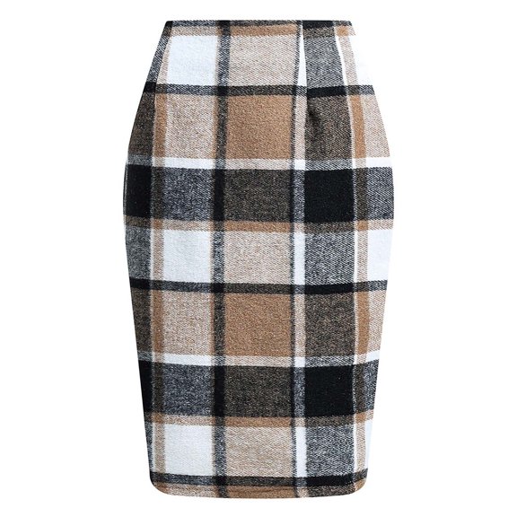USSUMA Gifts Womens Plaid Wool Pencil Skirt Tailored High-Waist Knee-Length Slim Fit Check Pattern Classic Office And Seasonal Winter Styling With Lined Comfort And Rear Zipper Closure — Skirt