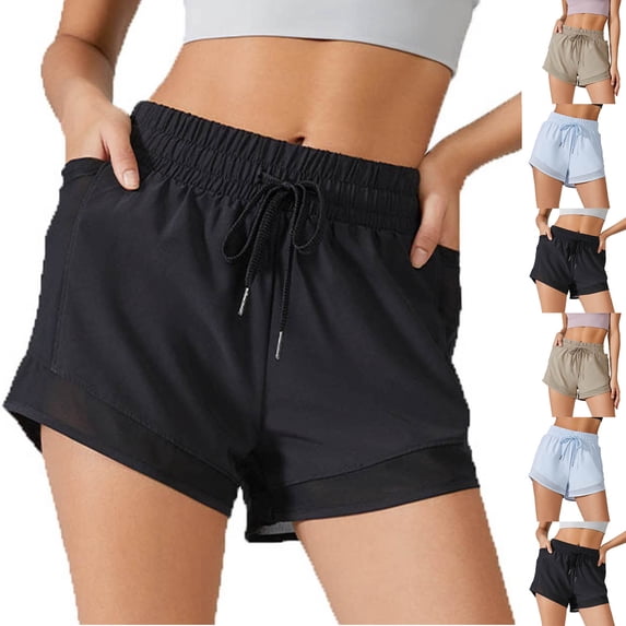USSUMA Gifts Womens Quick‑Dry Running Shorts Loose Fit Anti‑Exposure Fake Two‑Piece Design with Inner Brief and Side Pockets High‑Waist Elastic Drawstring for Gym Training, Workout