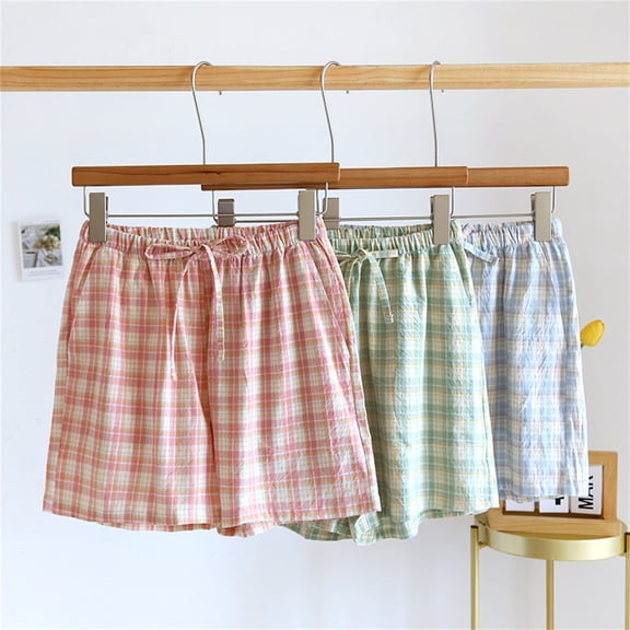 USSUMA Gifts Womens Washed Plaid Cotton Beach Shorts Elastic Waist Pull-On Lightweight Breathable Relaxed Fit with Functional Pockets Casual Summer Outing Lounge Travel Everyday Wear