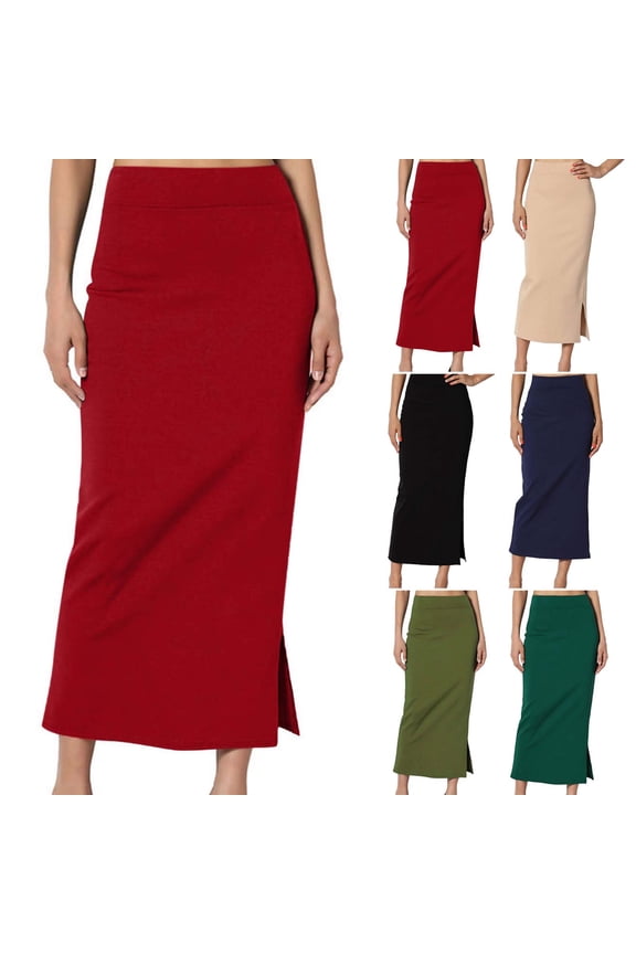 Gifts Wrap Pencil Mid-Calf Skirt High-Waist Split Bodycon Smooth Fit Pull-On Design For Fall Casual Office And Date Night Styling With Stretch Fabric Comfort