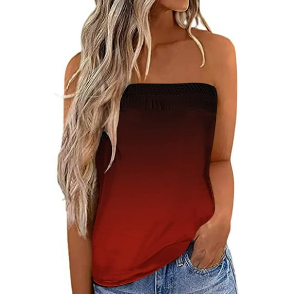 USSUMA Gradient Strapless Bandeau T-Shirts for Women Trendy Ombre Tube Tops Tanks Women's Shirts and Blouses Sleeveless Women Tops Dressy Casual Summer Off Shoulder Plus Tunics Beach