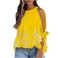 thumbnail image 1 of USSUMA Half Sleeve Women Tops Dressy Casual Ruffle Hem Peplum Flowy 2022 Trendy T-Shirt Shirts Botanical Print Cold Shoulder Tunics Top Plus Size for Women Halter Summer Blouse, 1 of 5