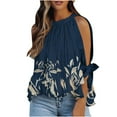 thumbnail image 1 of USSUMA Half Sleeve Women Tops Dressy Casual Ruffle Hem Peplum Flowy 2022 Trendy T-Shirt Shirts Botanical Print Cold Shoulder Tunics Top Plus Size for Women Halter Summer Blouse, 1 of 5