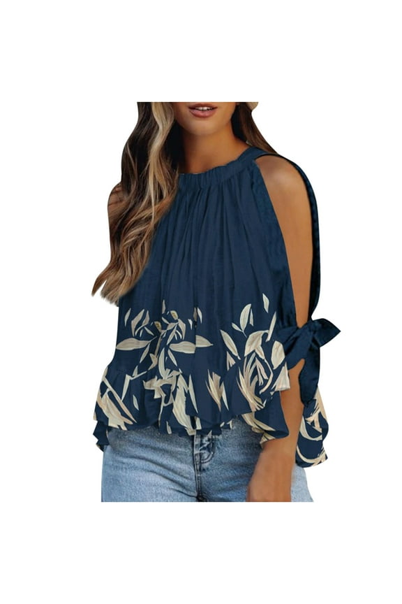 USSUMA Half Sleeve Women Tops Dressy Casual Ruffle Hem Peplum Flowy 2022 Trendy T-Shirt Shirts Botanical Print Cold Shoulder Tunics Top Plus Size for Women Halter Summer Blouse