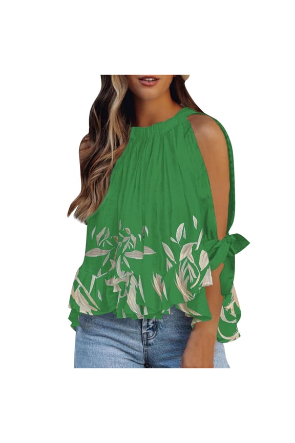 USSUMA Half Sleeve Women Tops Dressy Casual Ruffle Hem Peplum Flowy 2022 Trendy T-Shirt Shirts Botanical Print Cold Shoulder Tunics Top Plus Size for Women Halter Summer Blouse