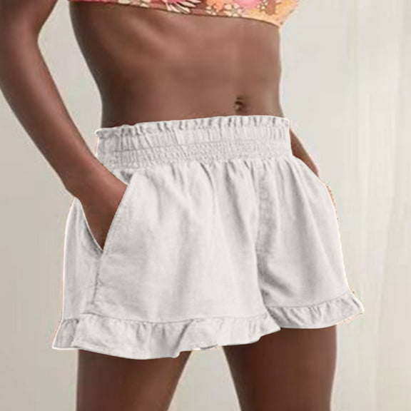 USSUMA High Waisted Shorts Women Solid Color Elastic Band Simple And Comfy Ruffle Hem Shorts with Pocket Lounge High Waist Stylish Shrots Wide Legs Slim Fit Summer Shorts White Xxl