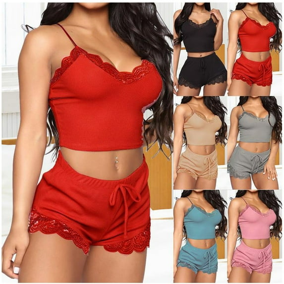 USSUMA High Waisted Shorts Women Solid Color Hotpants Drawstring Sexy Midriff-Baring Tanks Lace Hem Mini Shorts Lace Fashion Shorts Camisole Silk Suit Modern Fit Womens Shorts for Shopping Black L