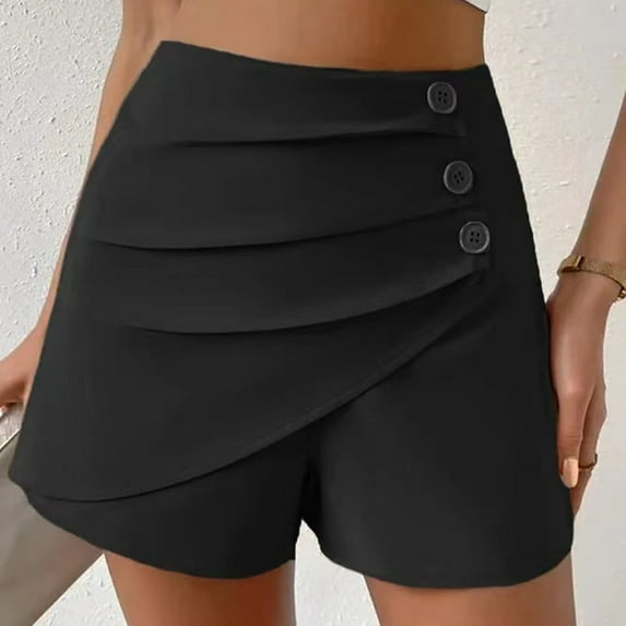 USSUMA Holiday Saving Athletic Shorts for Women Solid Color Bike Pull-on Mid Waist Split with Button Pleated Slim Stylish Shorts Skinny Fit Summer Shorts for Daily Wear Black Xxl