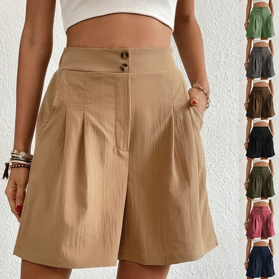 USSUMA Holiday Saving Athletic Shorts for Women Solid Color Clasp 2025 New Linen Loose Comfy Plus Size High Waist Simple Shrots Wide Legs Oversized Fit Womens Shorts for Running Errands. Khaki L