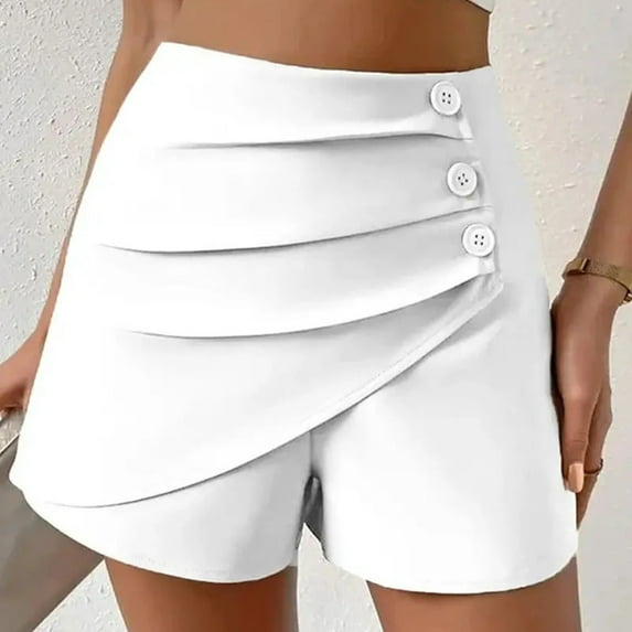 USSUMA Holiday Saving Workout Shorts Women Solid Color Bike Pull-on Mid Waist Split with Button Pleated Slim Trendy Short Pants Tailored Fit Shorts for Women for Dating White Xl