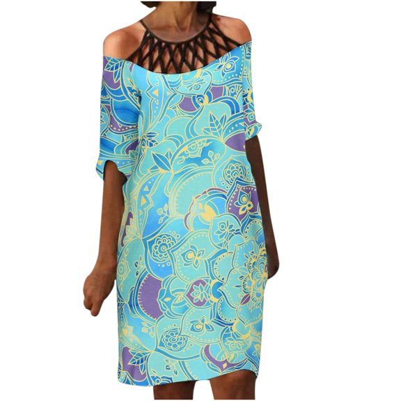 USSUMA Hollow Out Floral Print Vintage Midi Beach Dresses for Women Casual Summer Round Neck Short Sleeve Womens Sun Dresses Vacation Cold Shoulder Knee Length Tunic Sundresses Wedding Guest for Women