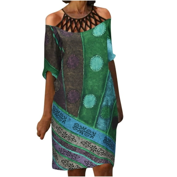 USSUMA Hollow Out Floral Print Vintage Midi Beach Dresses for Women Casual Summer Round Neck Short Sleeve Womens Sun Dresses Vacation Cold Shoulder Knee Length Tunic Sundresses Wedding Guest for Women