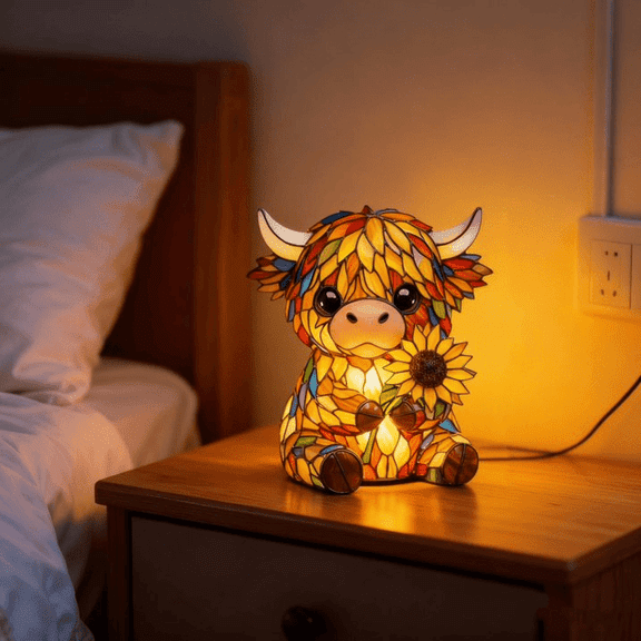 USSUMA Home Lighting Cow Sunflower Lamp Whimsical Table Lamp Farmhouse Cow And Sunflower Ceramic Lamp Warm Ambient Light Cute Rustic Nursery Bedroom Desk Cow Sunflower Lamp