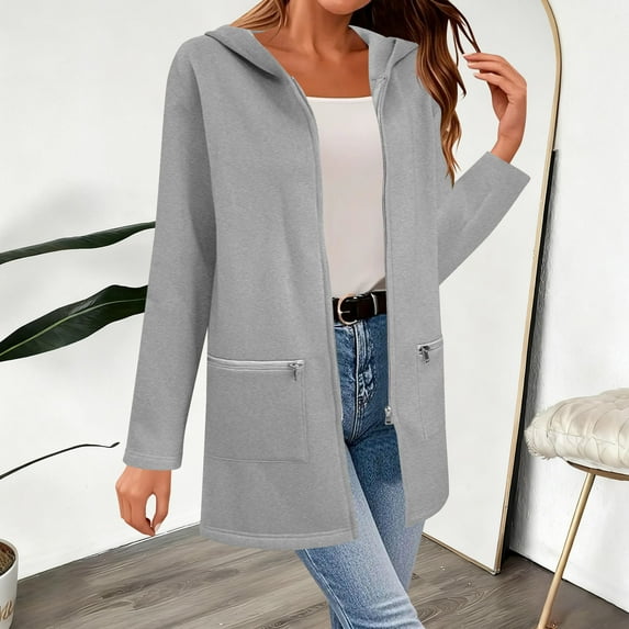 USSUMA Hooded Sweatshirt Women Women Hoodies Long Sleeved Full Zipper Pocket Jacket Solid Color Trendy Plus Size Outerwear Ladies Gym Athletic Fall Winter Top Gray