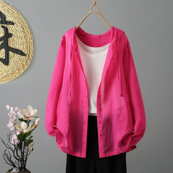 USSUMA Hooded Tops for Womens 2025 Summer Long Sleeve Shirts Jacket Dressy Casual Button Down Blouses Beach Cardigan Cover Up Holiday Gift Finder