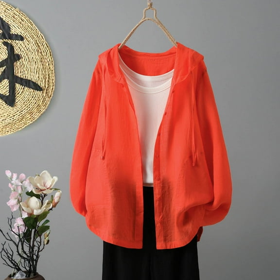 USSUMA Hooded Tops for Womens 2025 Summer Long Sleeve Shirts Jacket Dressy Casual Button Down Blouses Beach Cardigan Cover Up Holiday Saving