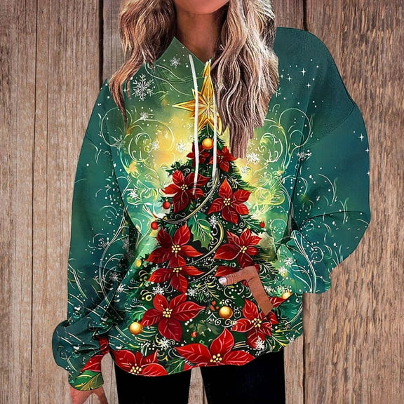 USSUMA Hoodies for Woman Christmas Pullover Woman Long Sleeved Pocket Drawstring Pullover Print Comfortable Oversized Tops Ladies Gym Athletic Fall Winter Shirt Army Green