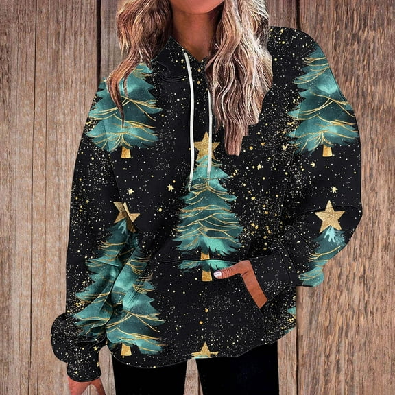 USSUMA Hoodies Women Christmas Pullover for Womens Long Sleeved Pocket Drawstring Pullover Print Comfortable Plus Size Tops Ladies Running Fall Winter Shirt Black