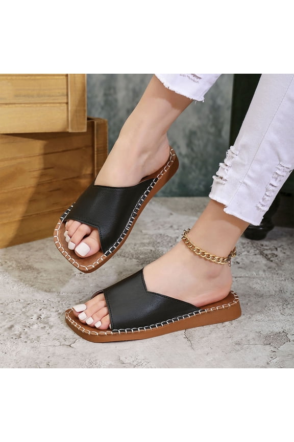 House Slippers for Woman Women's Fashion Casual Spring and Summer New Solid Color Strap Flat Casual Slippers Backyard BBQ Slippers up to 65% off