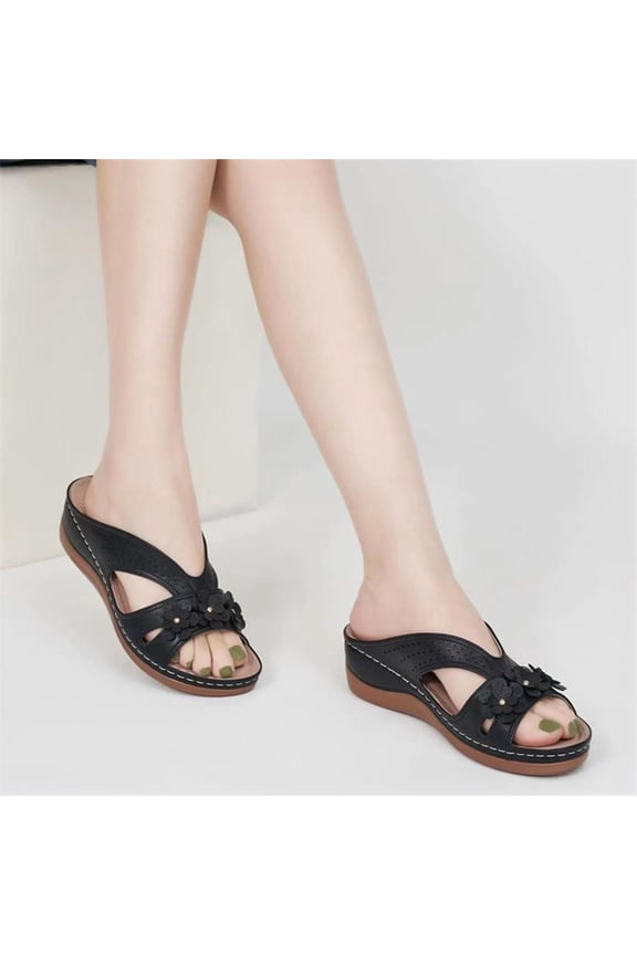 House Slippers for Woman Women's Fashion Casual Summer New Style Wedge Heel Solid Color Flower Beach Slippers Backyard BBQ Slippers up to 30% off