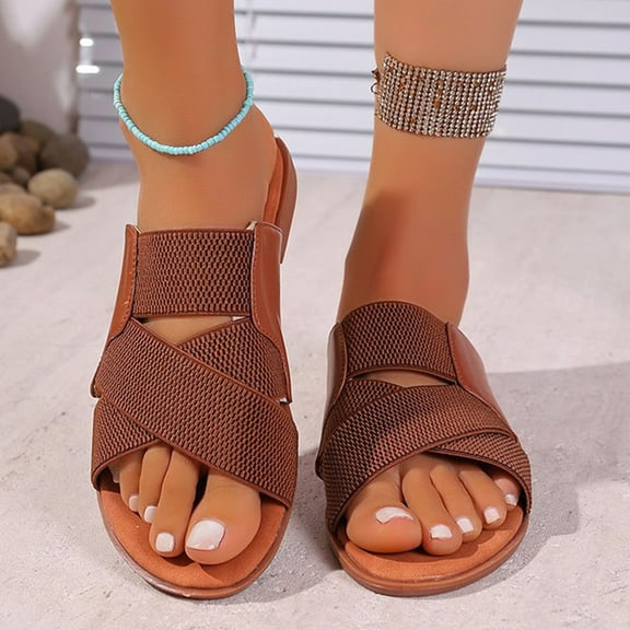 USSUMA House Slippers for Woman Women's Fashion Casual Summer New Solid Color Flat Open Toe Round Head Slippers Quick-On Patio Sandals Clearance