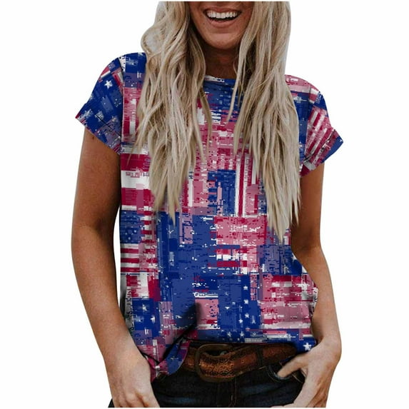 USSUMA Independence Day Patriotic Womens Tops Summer Loose Fit 4th of July American Flag Summer Top and Blouses Trendy Short Sleeve Shirts T-Shirt for Women Dressy Crewneck Tunic Plus