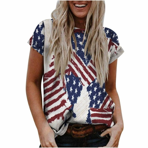USSUMA Independence Day Patriotic Womens Tops Summer Loose Fit 4th of July American Flag Summer Top and Blouses Trendy Short Sleeve Shirts T-Shirt for Women Dressy Crewneck Tunic Plus