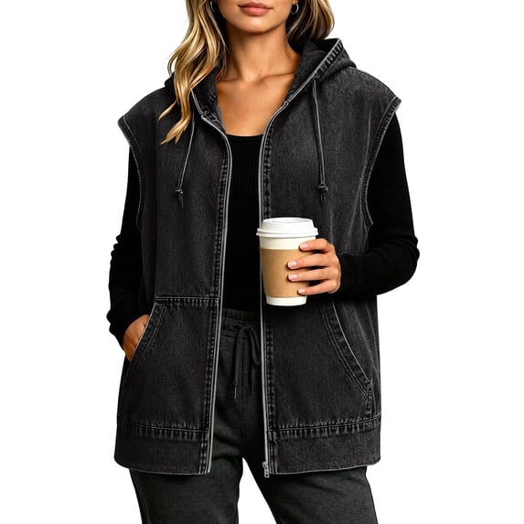 USSUMA Jacket for Women Sleeveless Hooded Zipper Loose Denim Vest with Pockets Casual Breathable Lightweight Comfortable Summer Holiday Vacation Travel S Black