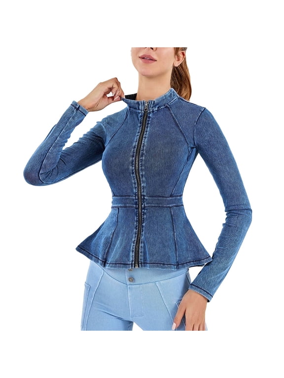 Jeans Jacket for Women Round Neck Long Sleeve Solid Color Lace Hem Denim Coat Cute Feminine Elegant Comfortable Spring Summer Date Night Out Party M Sky Blue