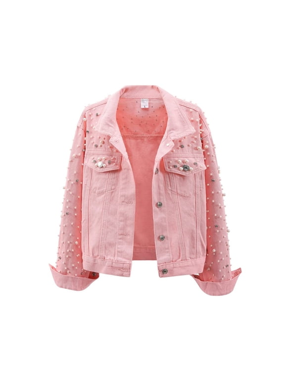 Jeans Jacket for Women Short Pearl Embellished Long Sleeve Cropped Denim Coat Cute Elegant Feminine Comfortable Spring Summer Date Night Out Party XL Pink