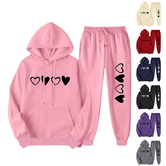 USSUMA Jogger Sets for Women 2 Piece Hoodies Women Long Sleeved Pullover Sweatpant Outfits Pocket Drawstring Print Tracksuit Elastic Waist Comfortable Jogger Sets Loose Outdoor Fall Suit
