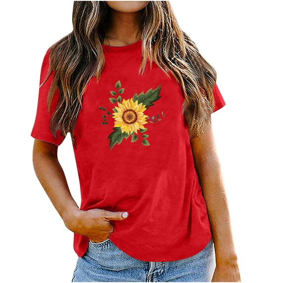 USSUMA Juniors Basic Cute Graphic Womens Tops Summer Loose Fit Sunflower Print Summer Top and Blouses Trendy Short Sleeve Shirts T-Shirt for Women Dressy Round Neck Tunic Plus