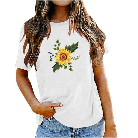 USSUMA Juniors Basic Cute Graphic Womens Tops Summer Loose Fit Sunflower Print Summer Top and Blouses Trendy Short Sleeve Shirts T-Shirt for Women Dressy Round Neck Tunic Plus