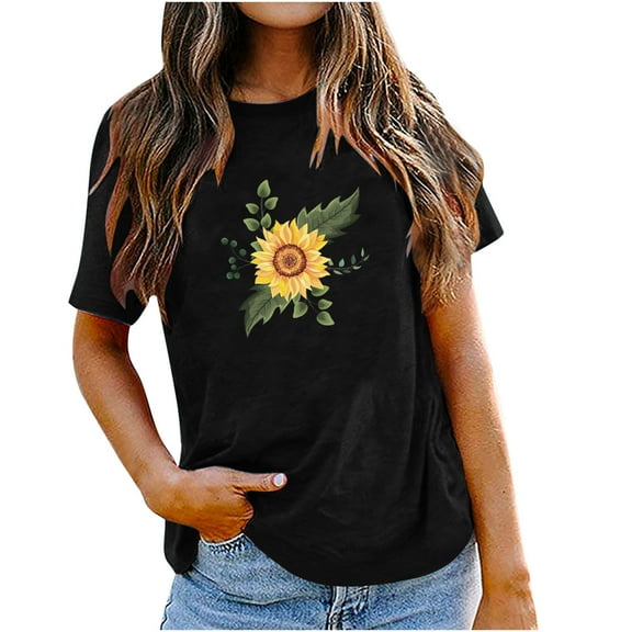 USSUMA Juniors Basic Cute Graphic Womens Tops Summer Loose Fit Sunflower Print Summer Top and Blouses Trendy Short Sleeve Shirts T-Shirt for Women Dressy Round Neck Tunic Plus