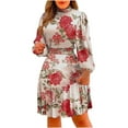thumbnail image 1 of USSUMA Knee Length Pleated Flowy Swing Dress for Women Wedding Guest Midi Summer Dresses Casual Floral Print 2022 Sundresses Casual Beach Long Sleeve High Neck Sun Dresses, 1 of 5