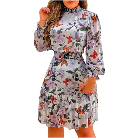 USSUMA Knee Length Pleated Flowy Swing Dress for Women Wedding Guest Midi Summer Dresses Casual Floral Print 2022 Sundresses Casual Beach Long Sleeve High Neck Sun Dresses