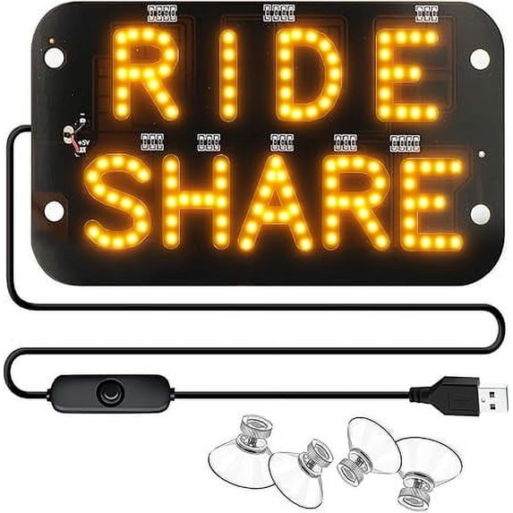 USSUMA LED Light Sign for Car 7.5 X 4.5 Inch Windshield LED Car Sign With Suction Cups Led Light for Ride Driver Yellow