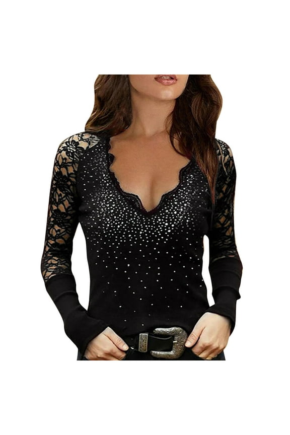 USSUMA Lace Long Sleeve Tops for Women Solid Color Sexy Shirts for Women V Neck Dressy Casual Tops Blouses for Evening Wear