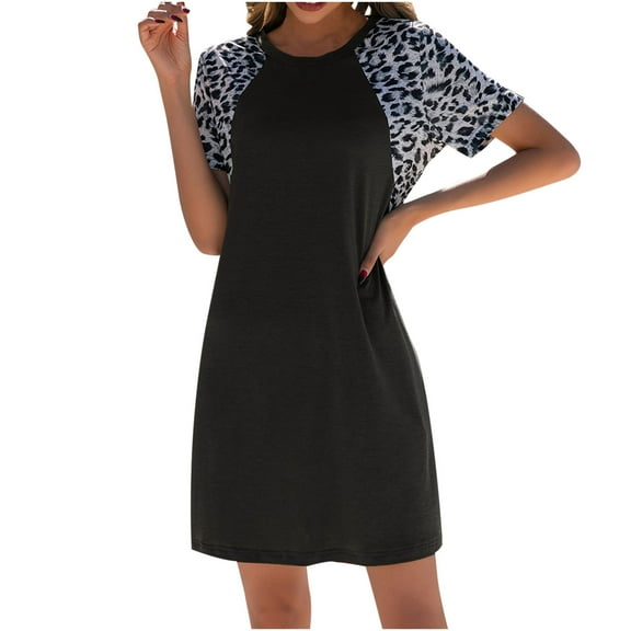 USSUMA Leopard Print Color Block Women's Dresses Midi Sundresses for Women Casual Summer Short Sleeve Flowy Aline Tshirt Sun Dress Beach Vacation Round Neck Graduation Dress