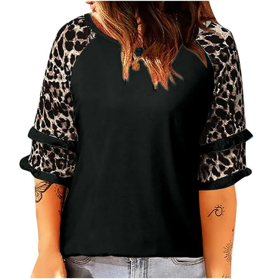USSUMA Leopard Print T-Shirts for Women Trendy Color Block Basic Women's Shirts and Blouses 3/4 Sleeve Women Tops Dressy Casual Summer Round Neck Plus Tunics Beach