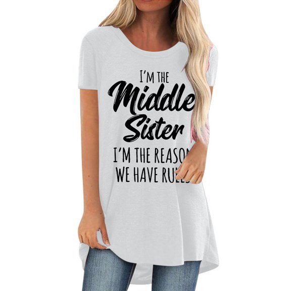 USSUMA T-Shirts for Women Trendy Letter Print Graphic Women's Shirts and Blouses Short Sleeve Female Tops Dressy Casual Summer Middle Sister Cute Basic Round Neck Plus Tunics Beach