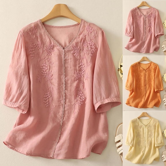 USSUMA Linen Shirts for Women Summer 2025 Retro Embroidered Gauze 3/4 Sleeve Tops Dressy Loose Casual Boho Cute Blouses Trendy Solid Color Sale