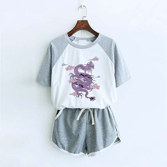 USSUMA Linen Shorts for Women Animal Prints Drop Sleeves Set Short Sleeve Crew Neck T Shirt Drawstring Shorts with Pocket Lounging Split Stylish Short Pants Suit Shorts for Women Gray Xxl