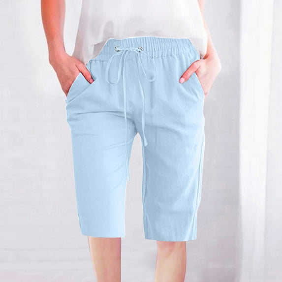 USSUMA Linen Shorts for Women Solid Color Bermuda Drawstring Summer Fashion Elastic Waist Lounge with Pocket Comfy Shorts Straight Pants Half Shorts Drawstring Linen Wide Legs Shorts Light Blue S