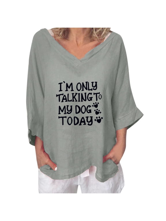 USSUMA Linen Tops For Women I'M Only Talking To My Dog Today Funny Letter Prints Dressy Tops V Neck 3/4 Sleeve Linen Shirts