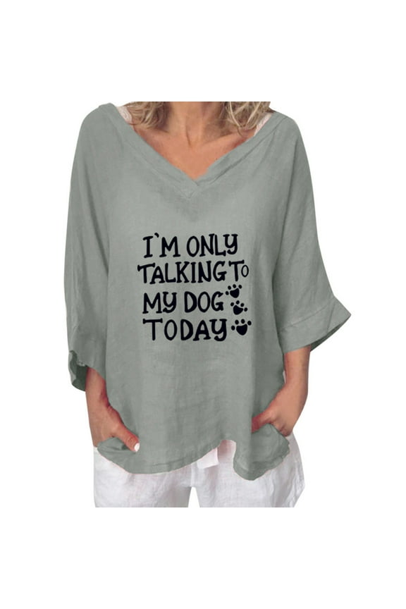 USSUMA Linen Tops For Women I'M Only Talking To My Dog Today Funny Letter Prints Dressy Tops V Neck 3/4 Sleeve Linen Shirts