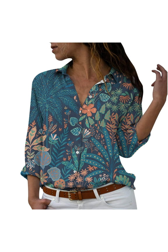 USSUMA Long Sleeve Blouse For Women Trendy, Womens Lapel Button Down Shirts Maple Leaf Floral Print Graphic Tops Long Sleeve Casual Blouses Fall for Female